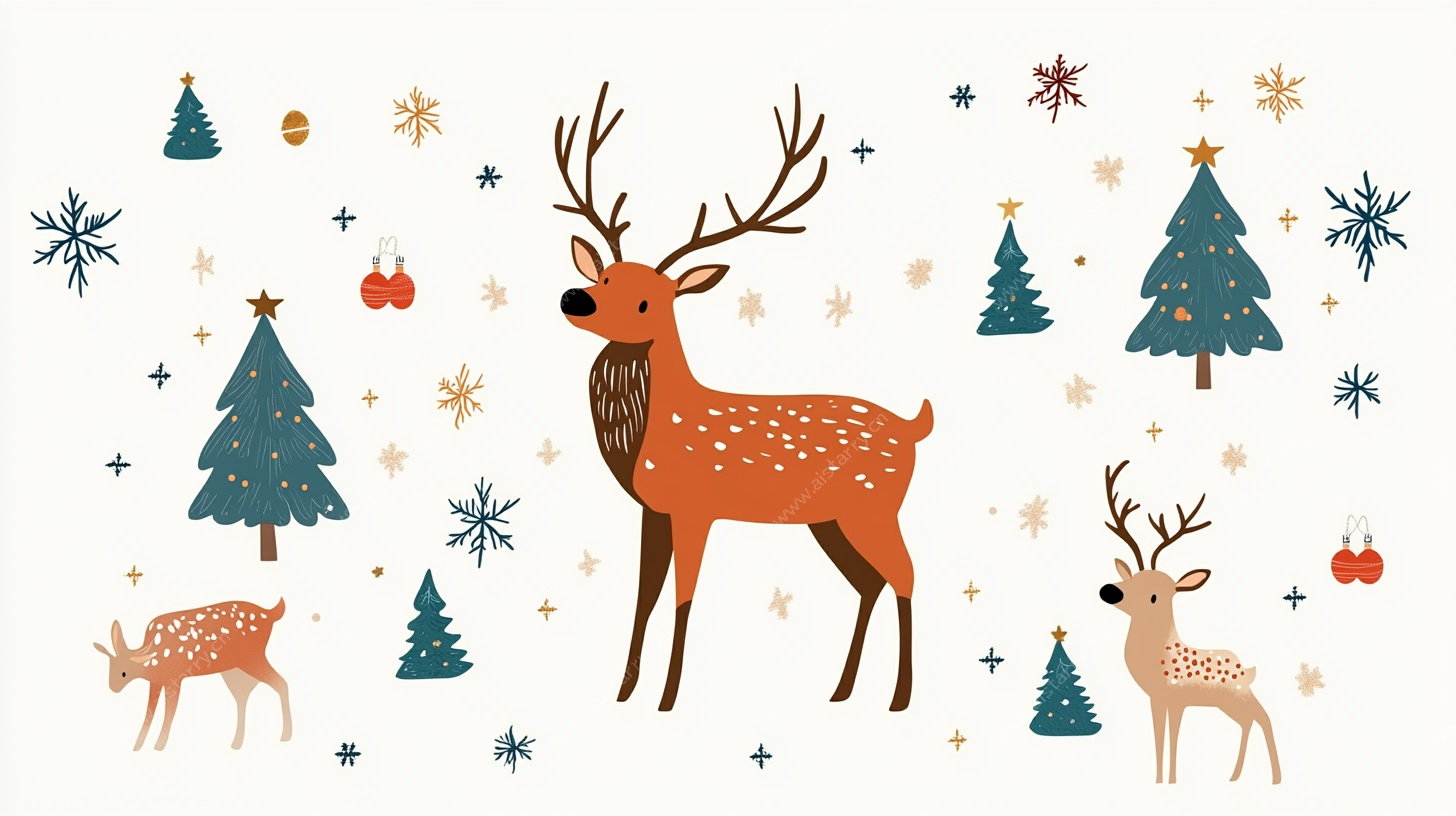 圣诞驯鹿与树木装饰插画