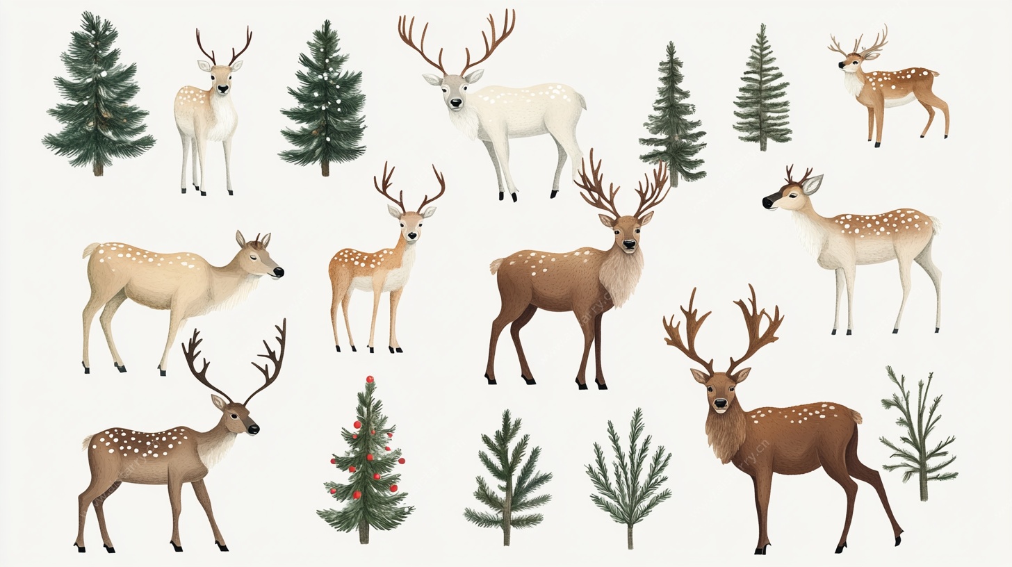 鹿与松树插画集合
