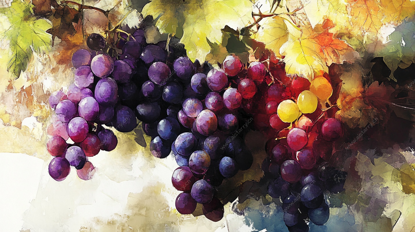 水彩绘葡萄 色彩斑斓诱人