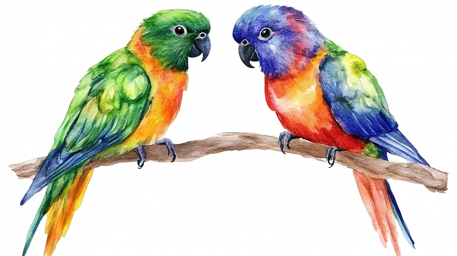 水彩双鹦鹉栖于枝上