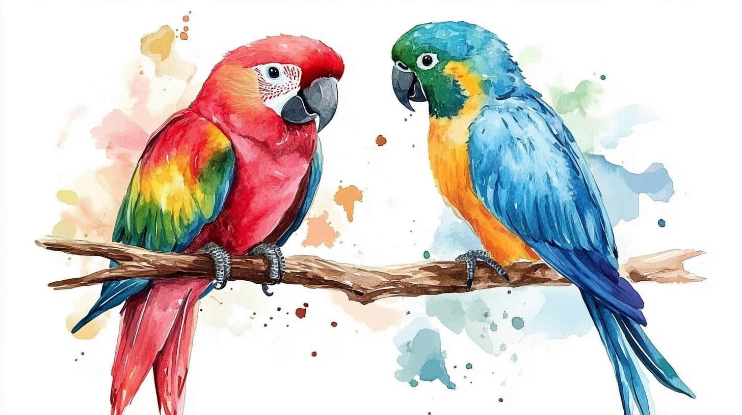 水彩绘双鹦鹉栖枝图