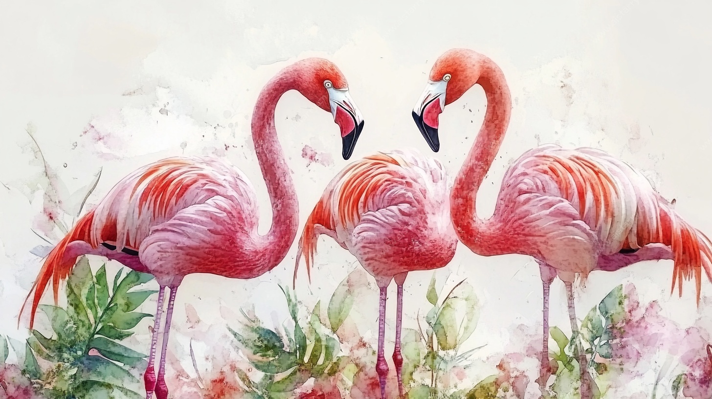 三只火烈鸟的水彩画