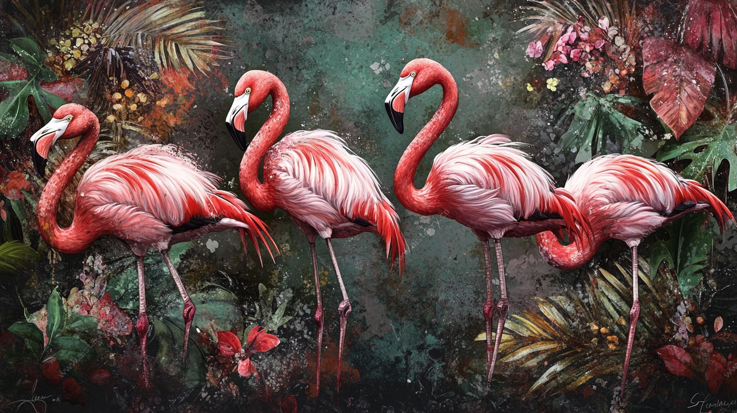 五只火烈鸟的热带风情画