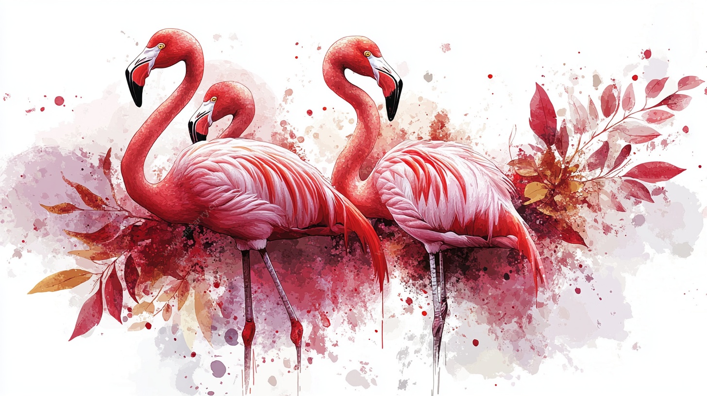 三只火烈鸟的水彩花卉图景