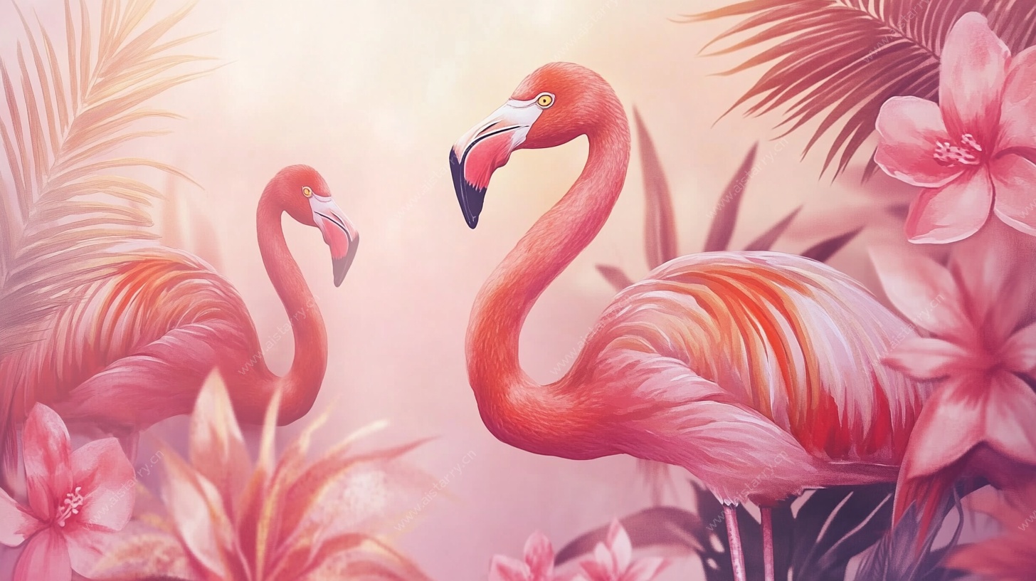 梦幻火烈鸟与花卉景致