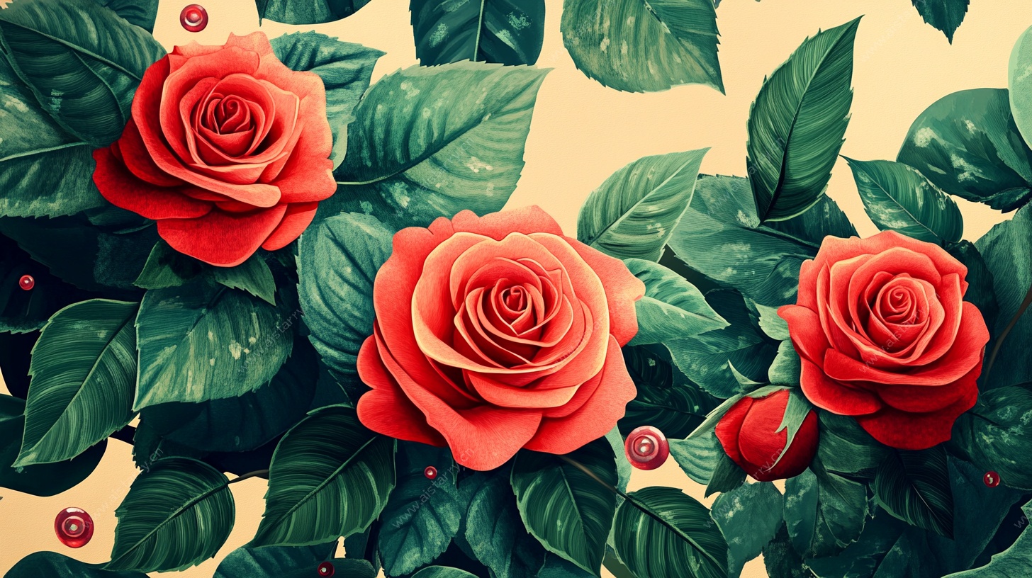 复古风红玫瑰绿叶图案