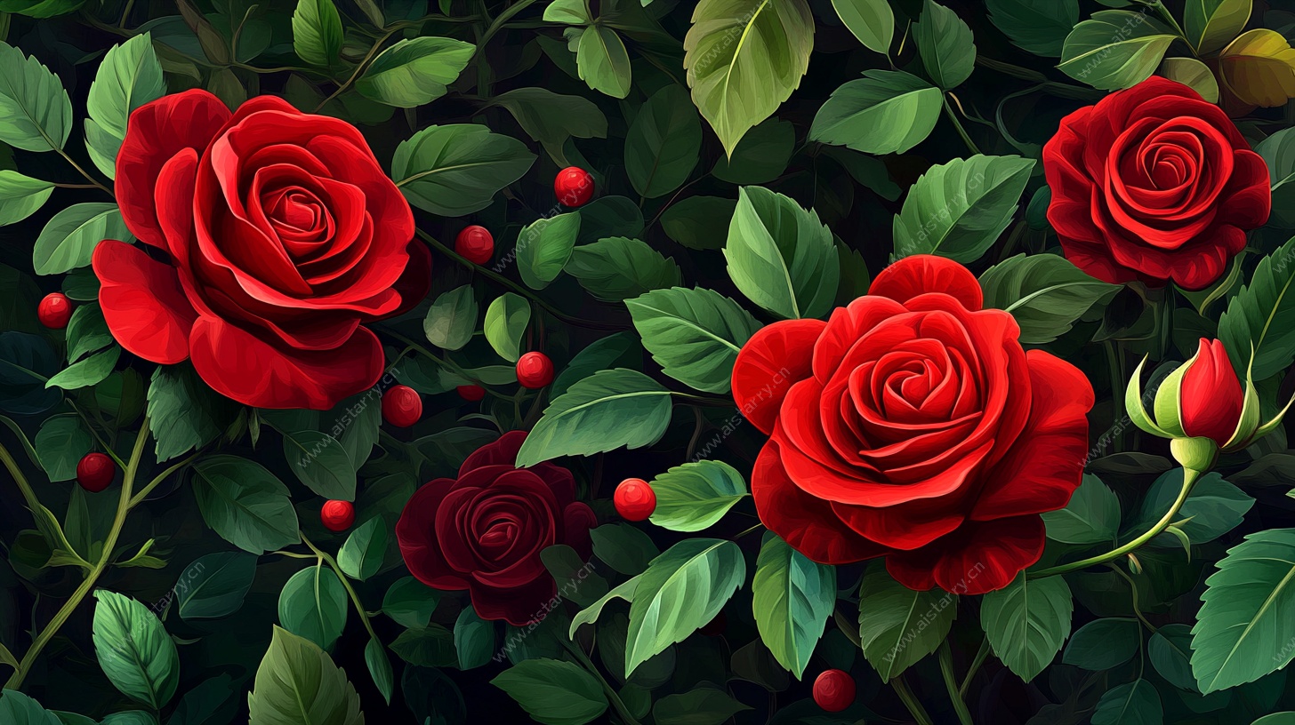 红玫瑰与绿叶插画