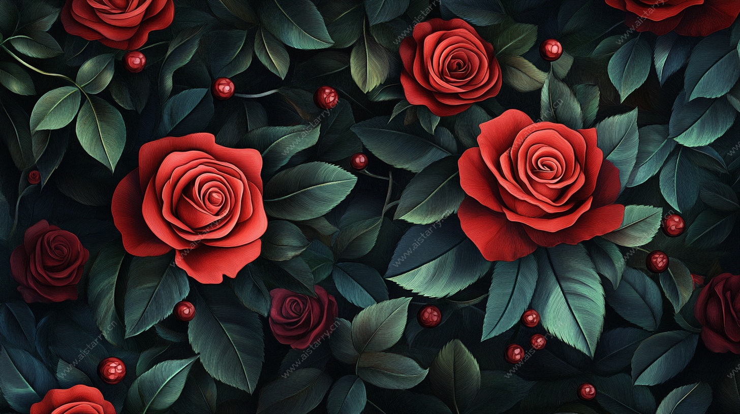 红玫瑰绿叶背景图案