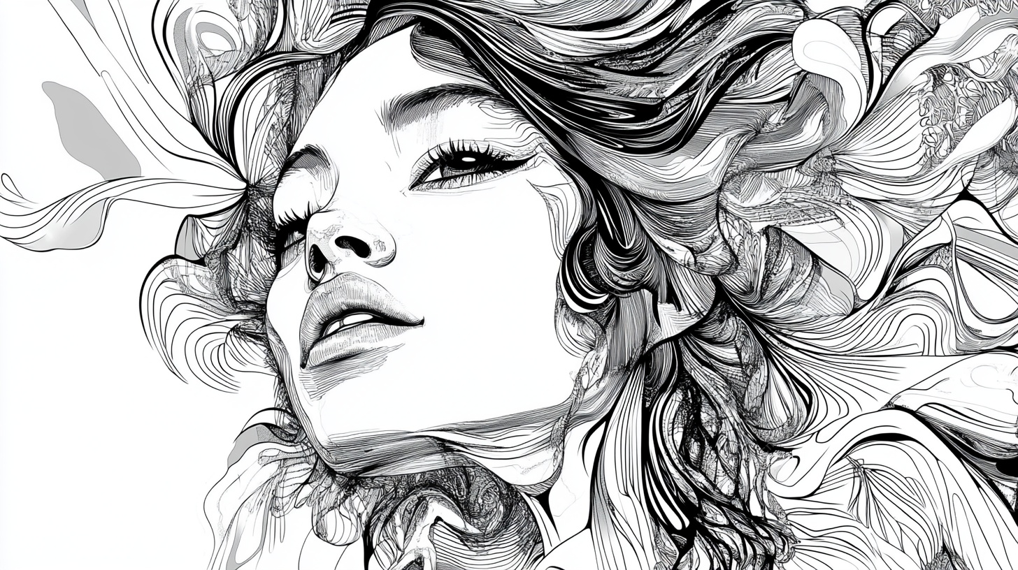梦幻线条风女性肖像插画