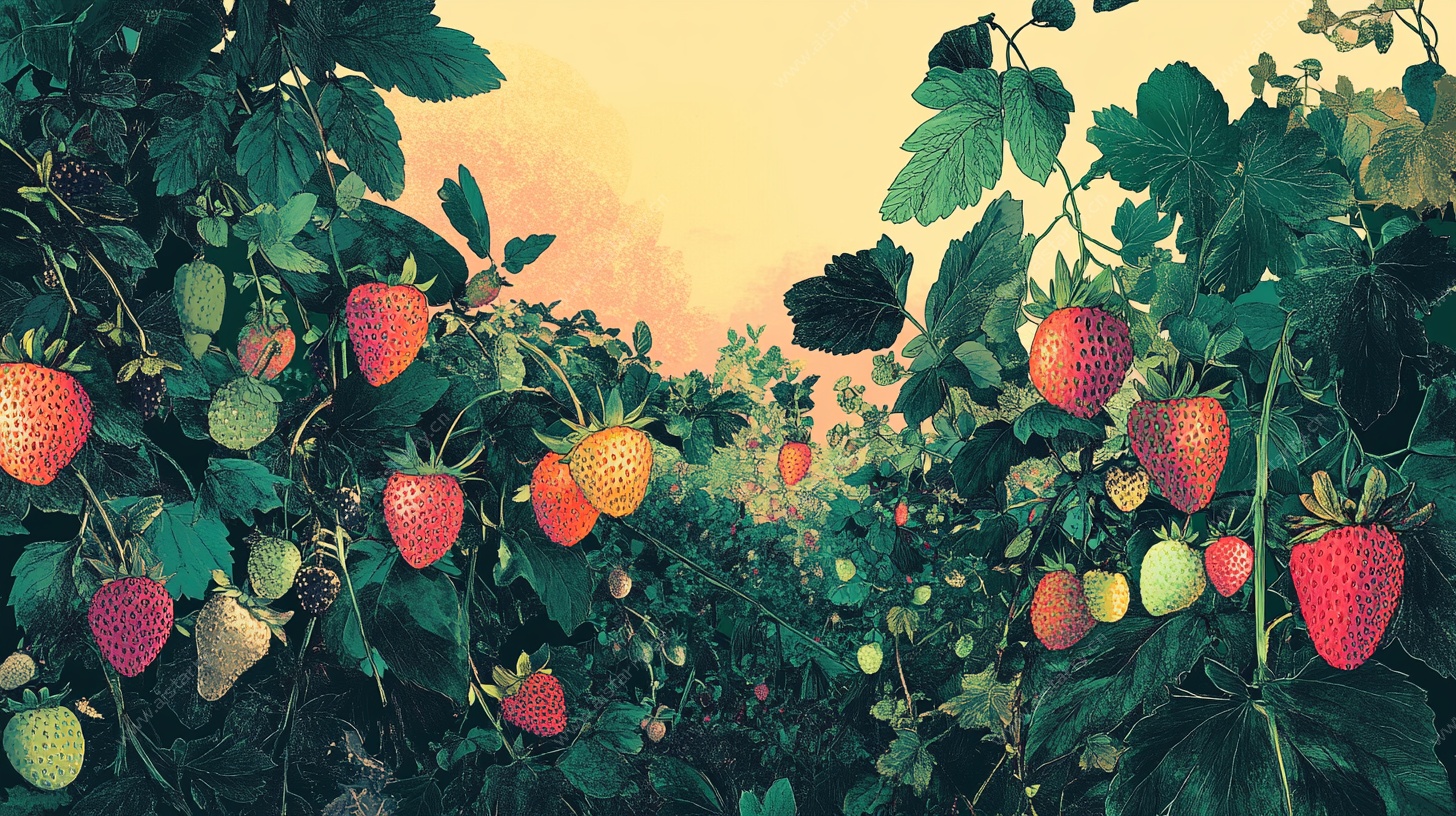 夕阳下的草莓种植园