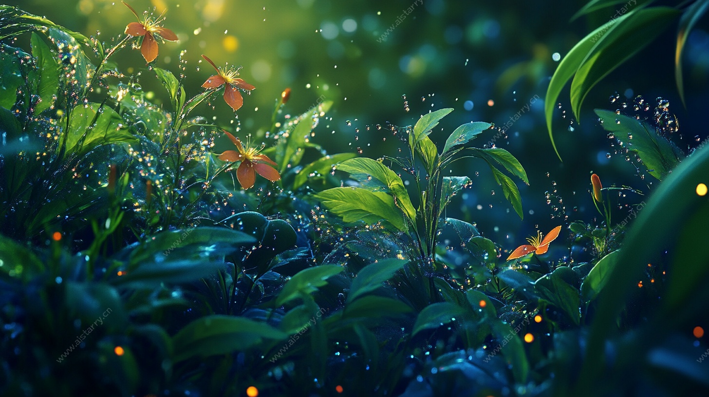 梦幻绿植间的微光花朵