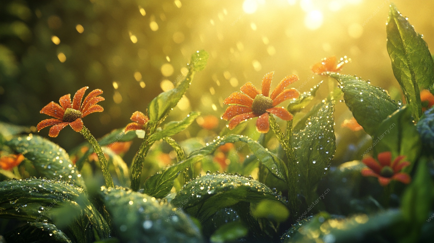 晨露中的艳丽花朵