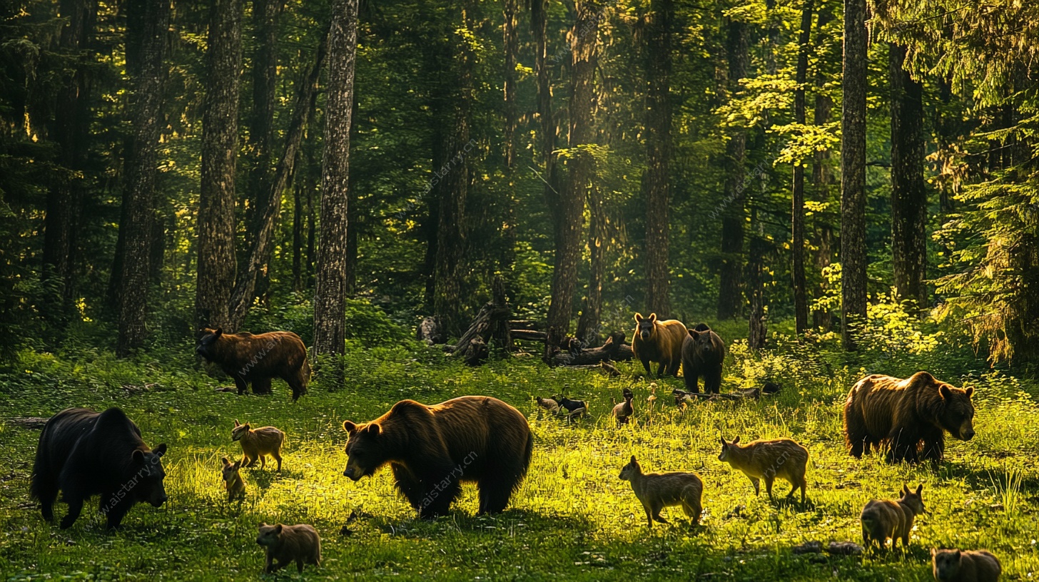 森林中的熊与鹿群景象
