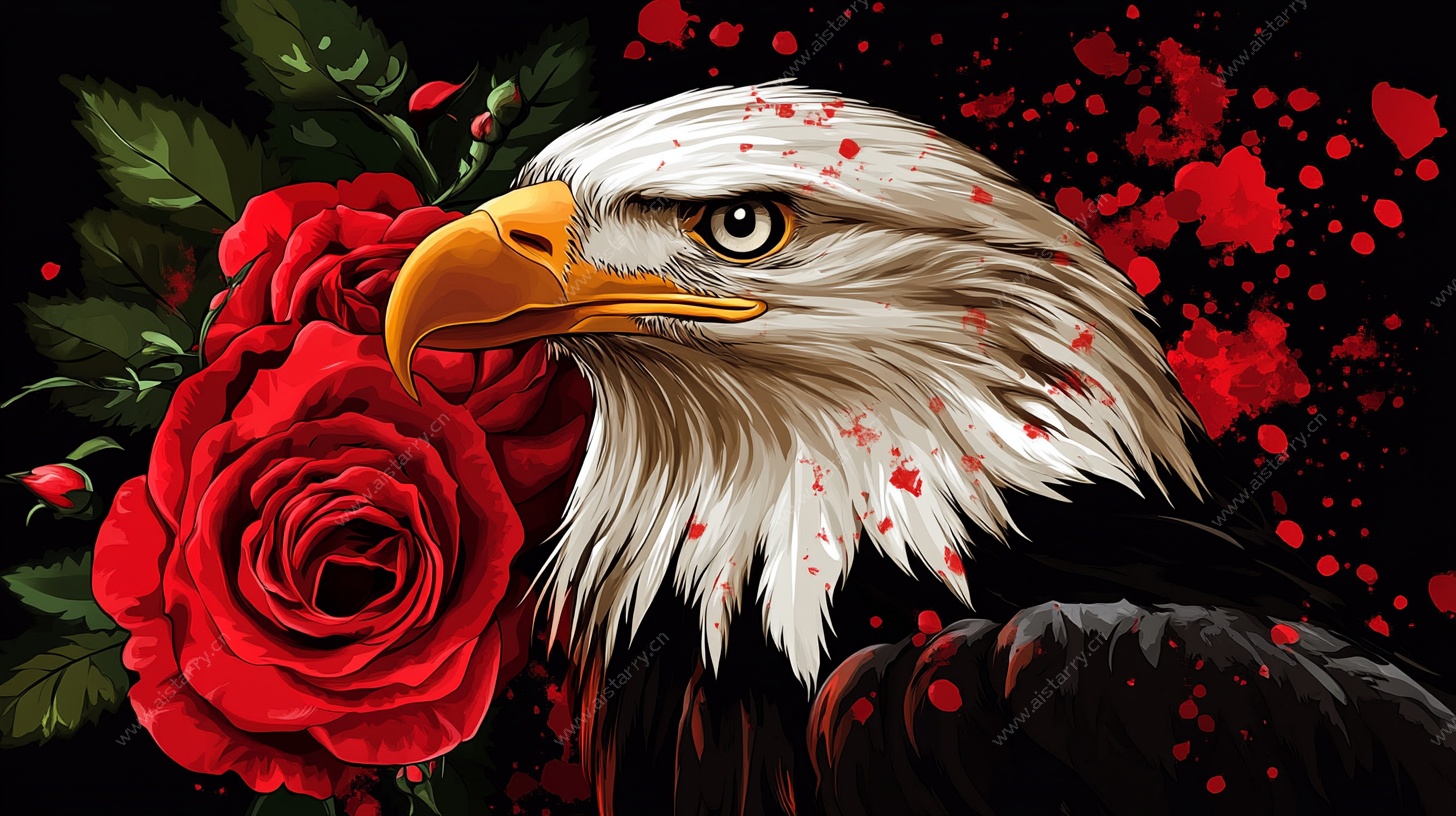 白头鹰与红玫瑰艺术插画