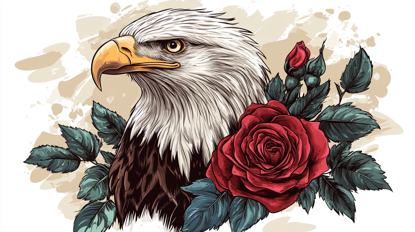 白头鹰与玫瑰插画