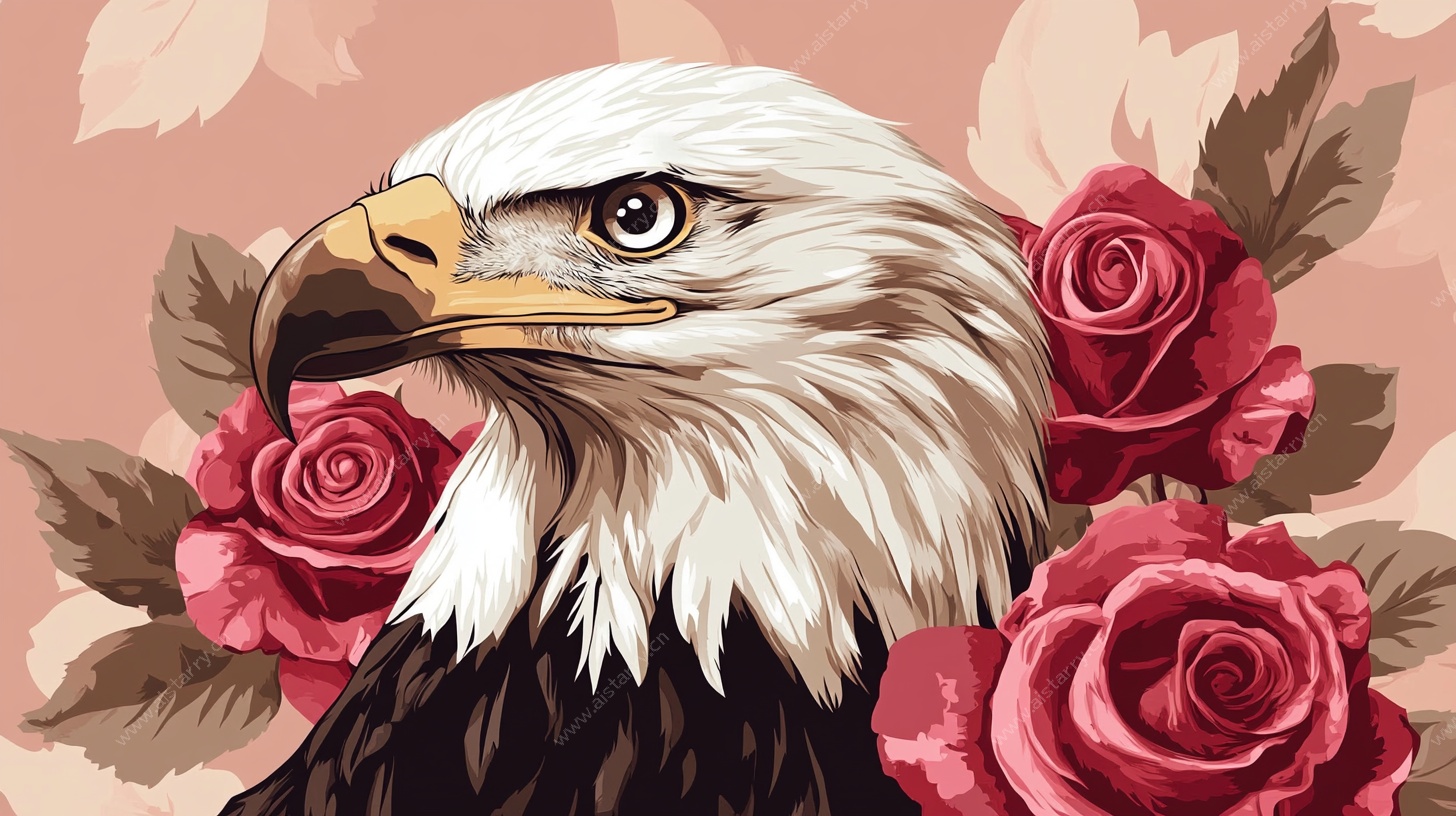 白头鹰与玫瑰插画