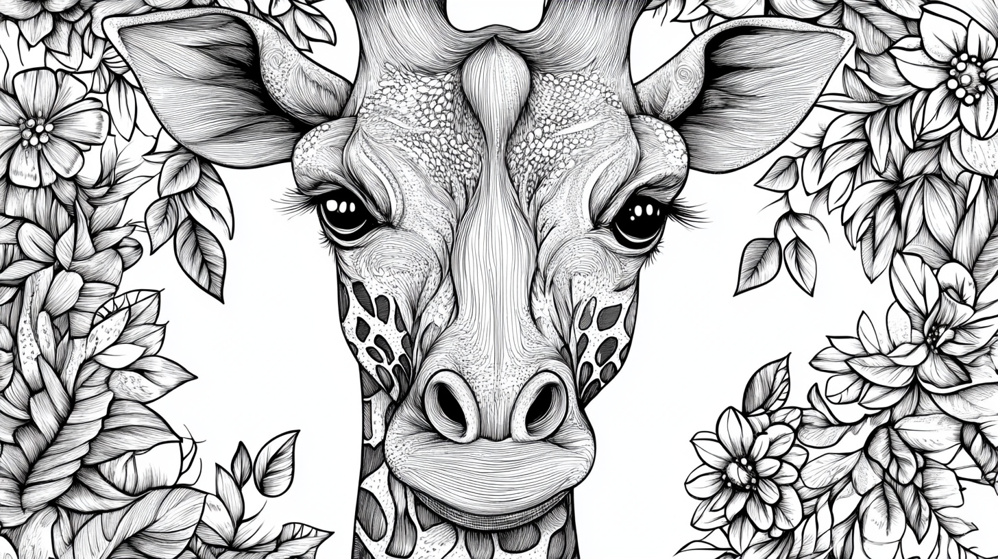 长颈鹿花卉黑白插画图