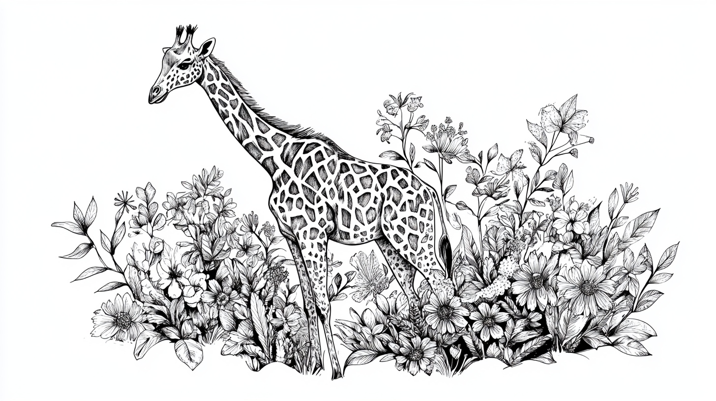 长颈鹿置身花丛黑白插画