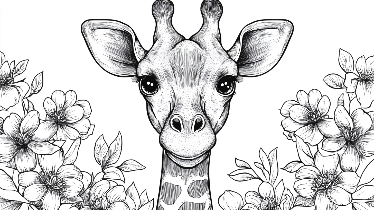 长颈鹿花卉黑白插画