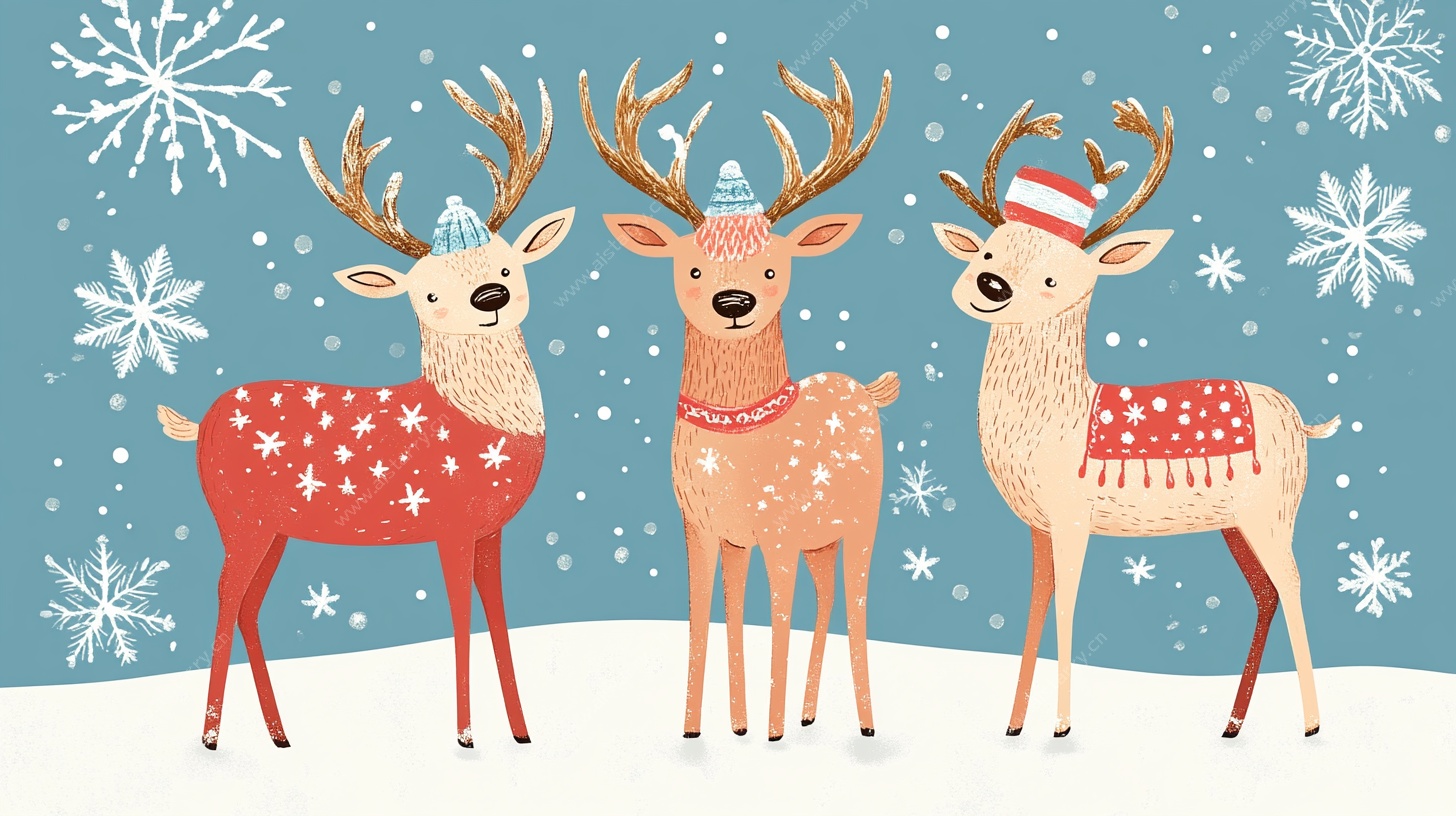 三只圣诞小鹿欢乐雪景图