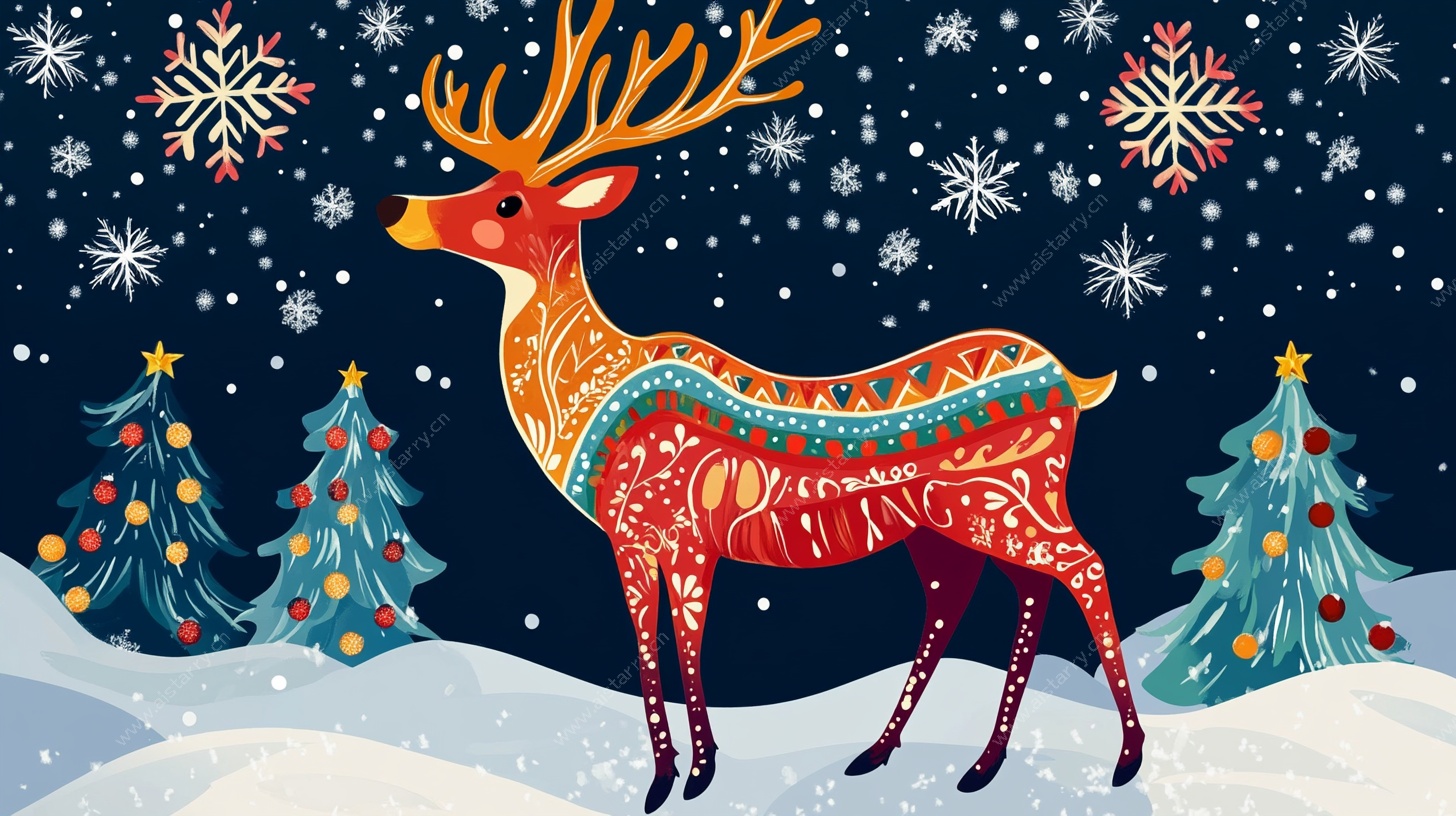 圣诞驯鹿雪景插画