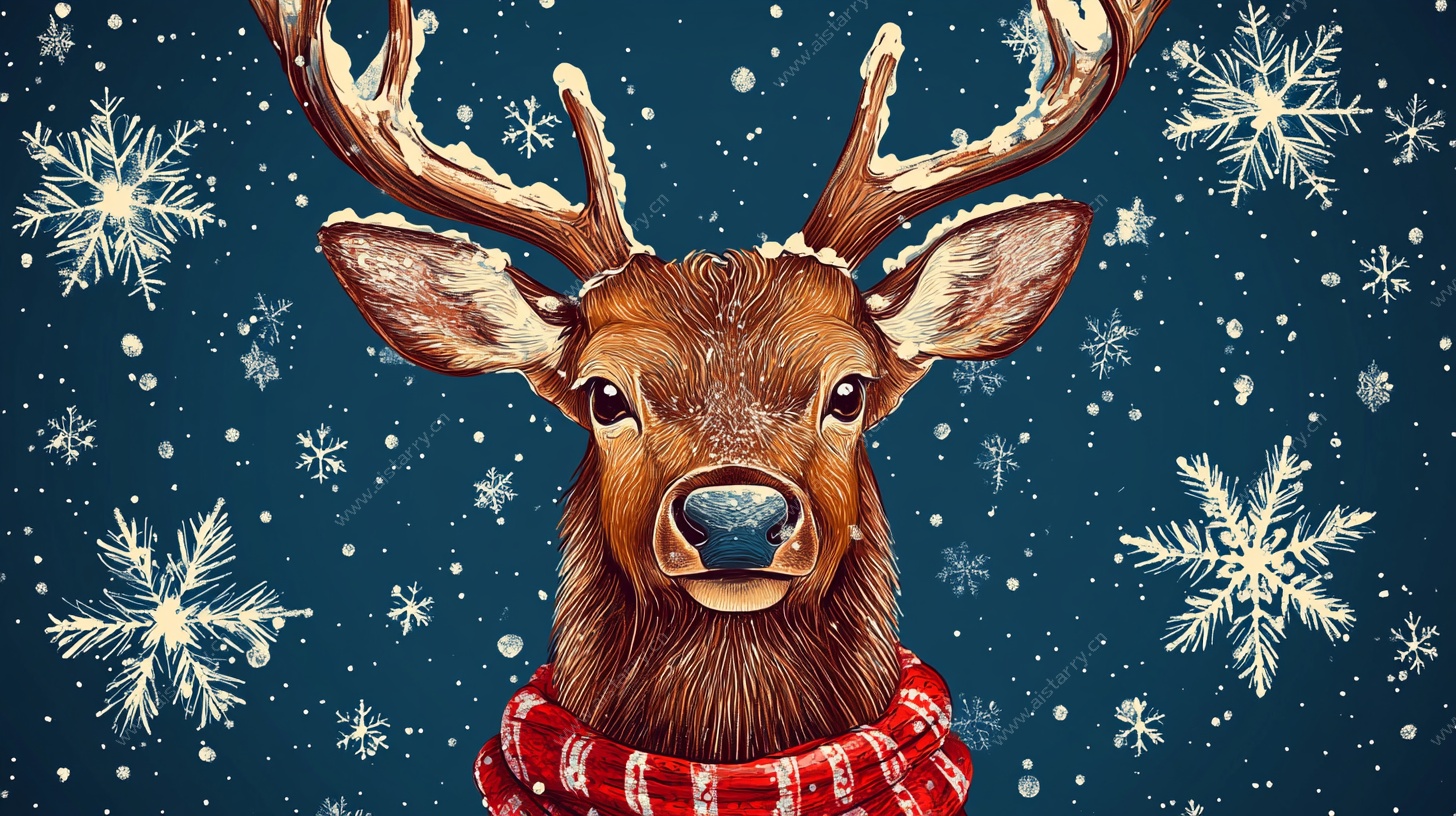 圣诞驯鹿插画 雪花背景