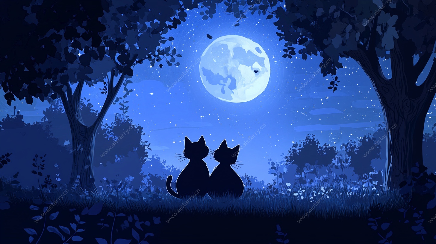 月下双猫剪影图