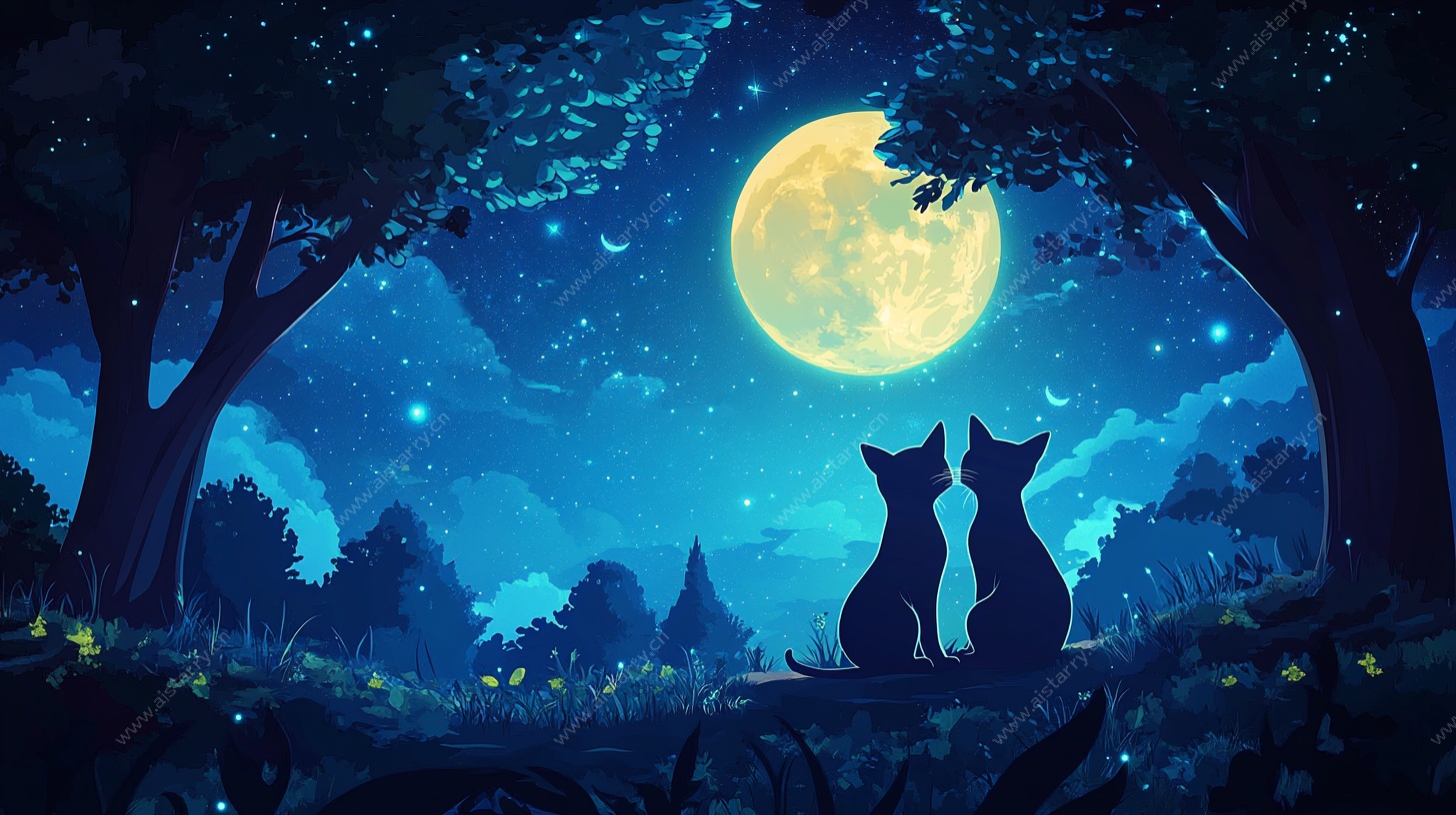 月夜下的双猫剪影