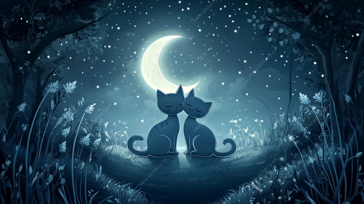 月下双猫浪漫夜景观赏图