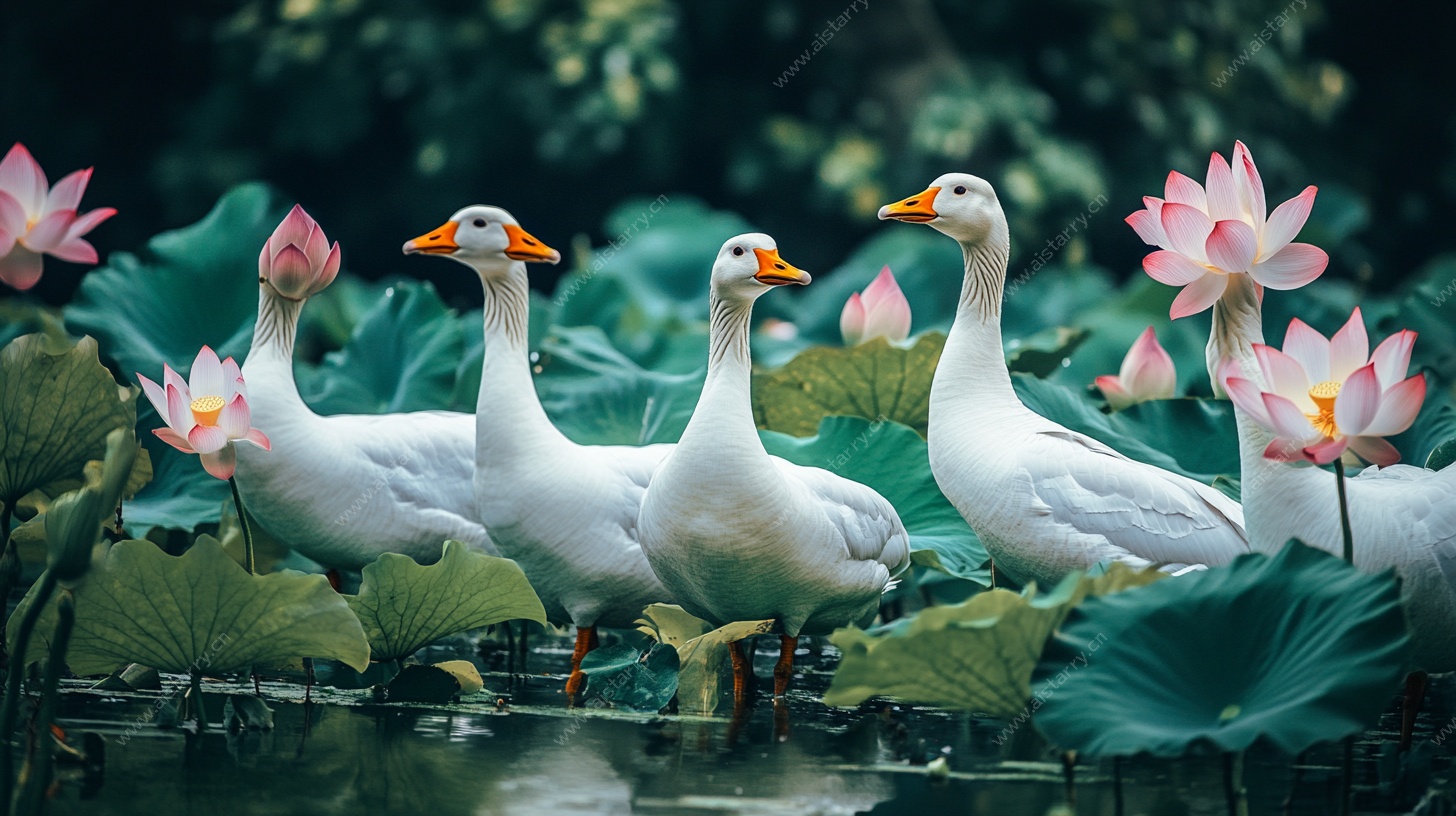 白鹅漫步荷花池畔