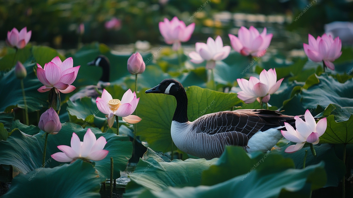 荷塘中漫步的优雅大雁