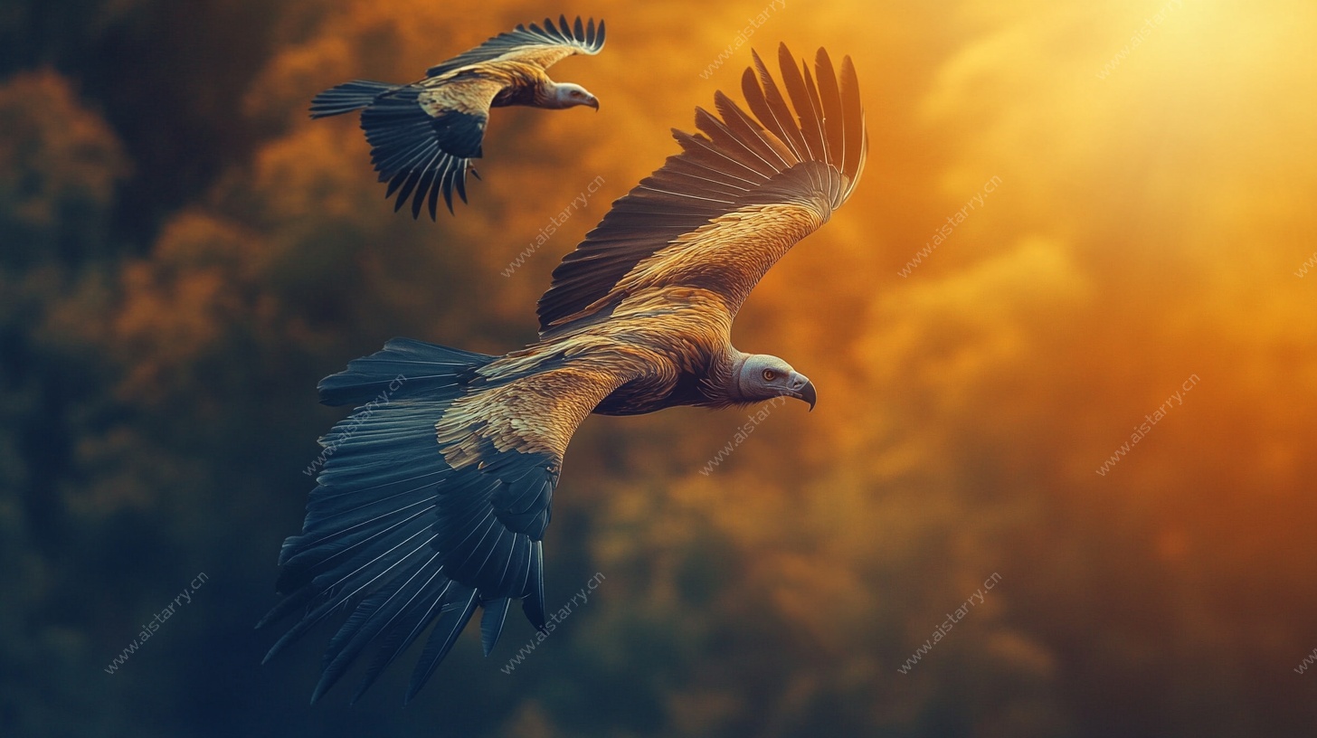 夕阳下双鹰翱翔