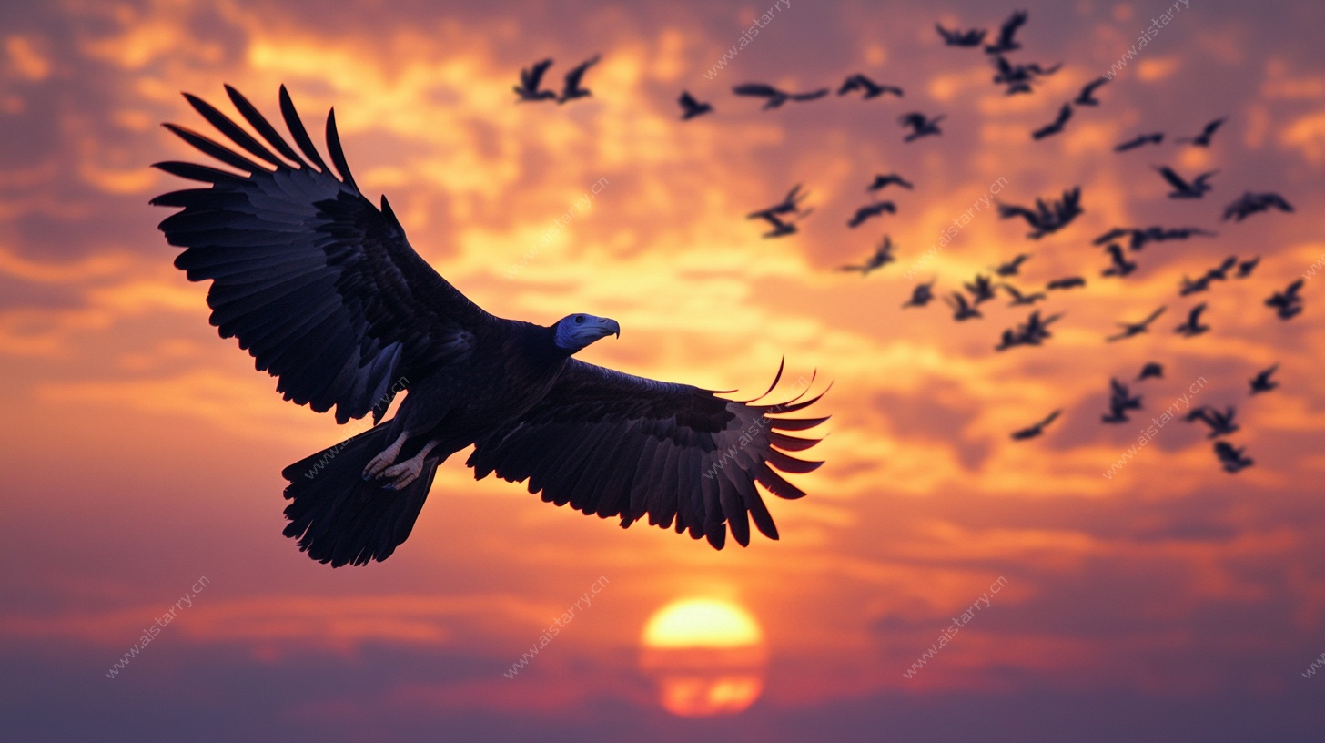 夕阳下雄鹰展翅群鸟相伴