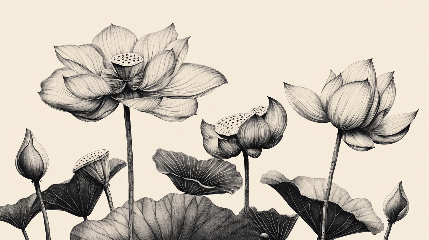 黑白水墨风荷花插画