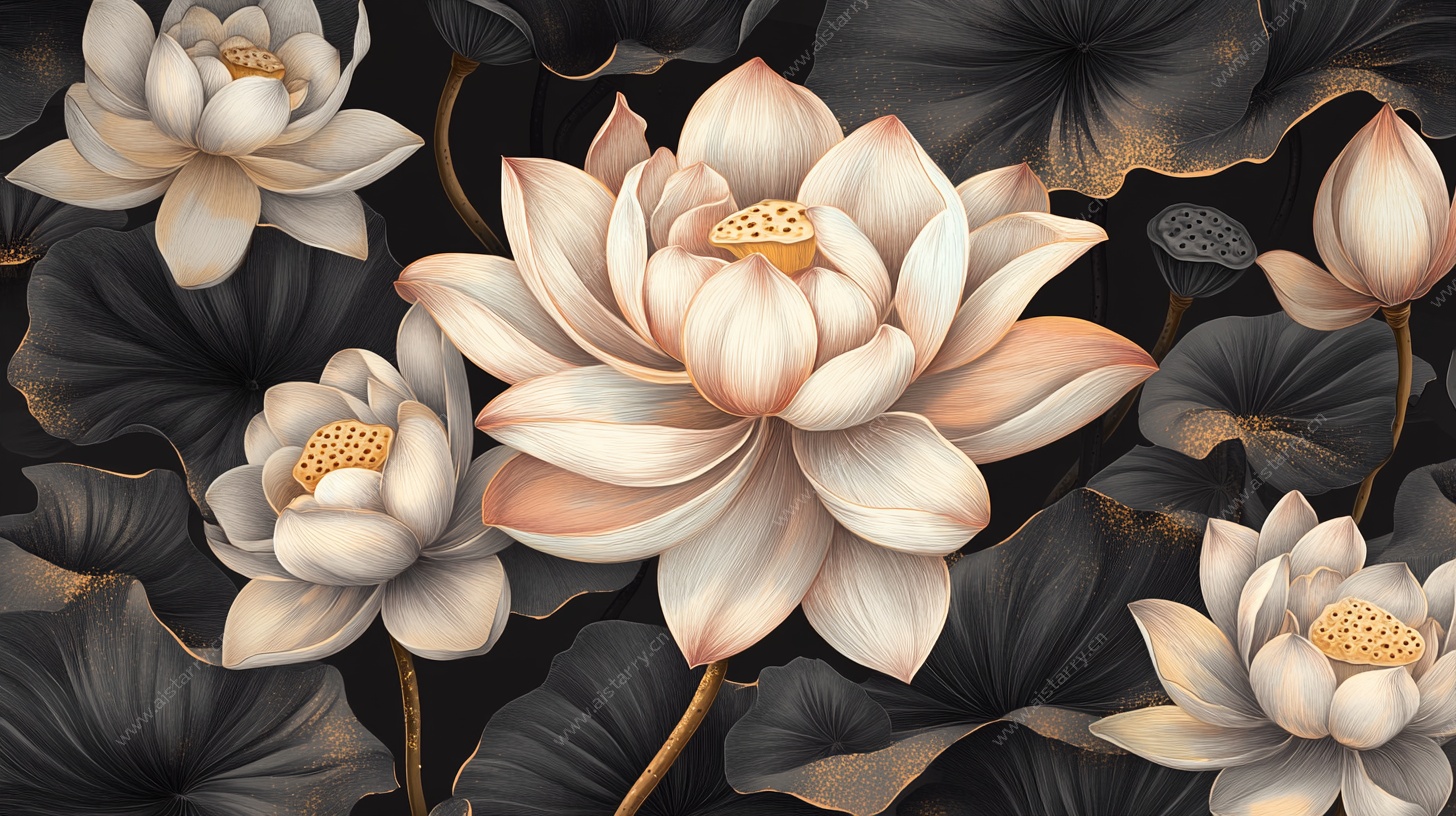 中式水墨风荷花绽放图