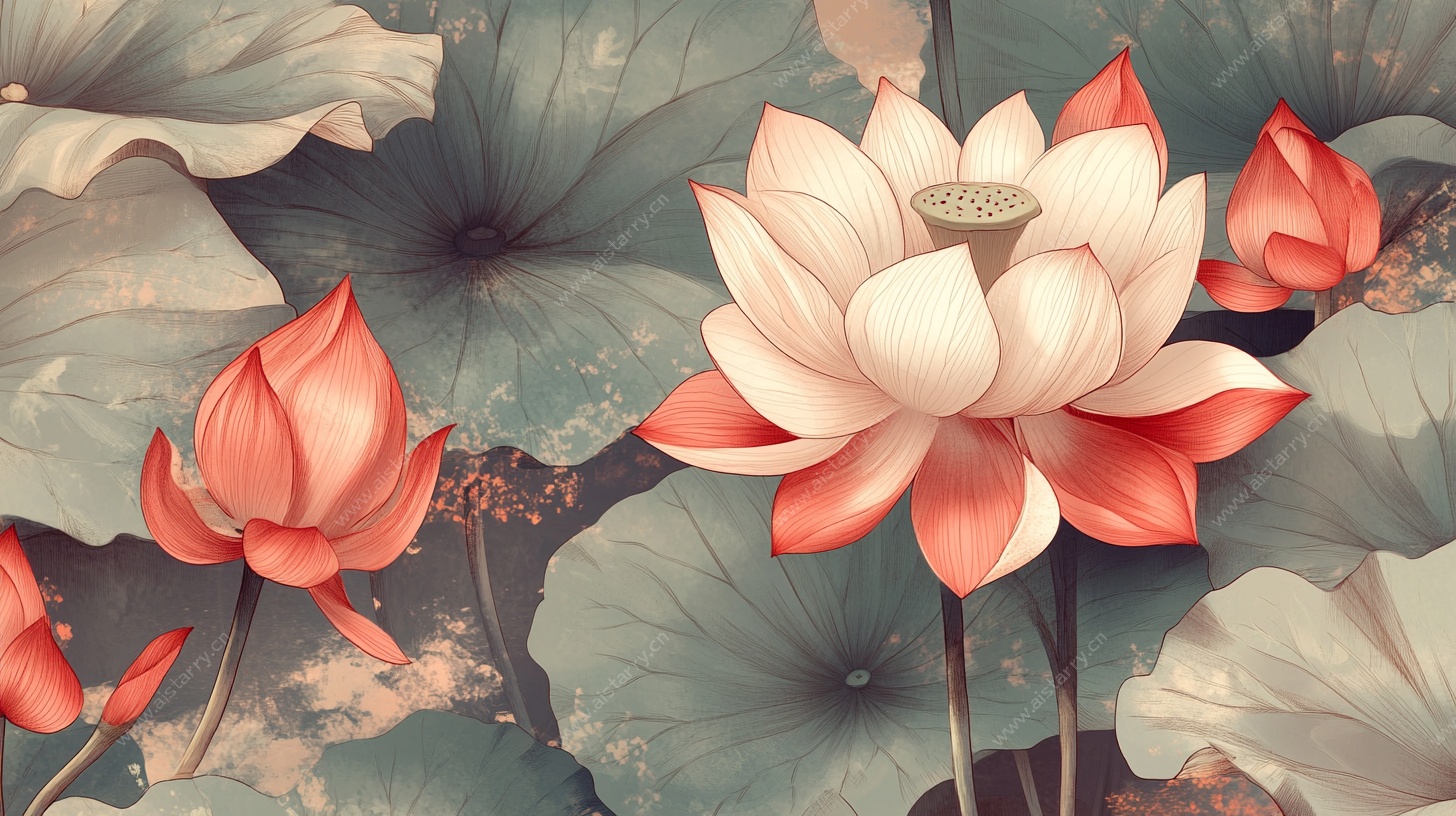 水墨风盛开荷花插画