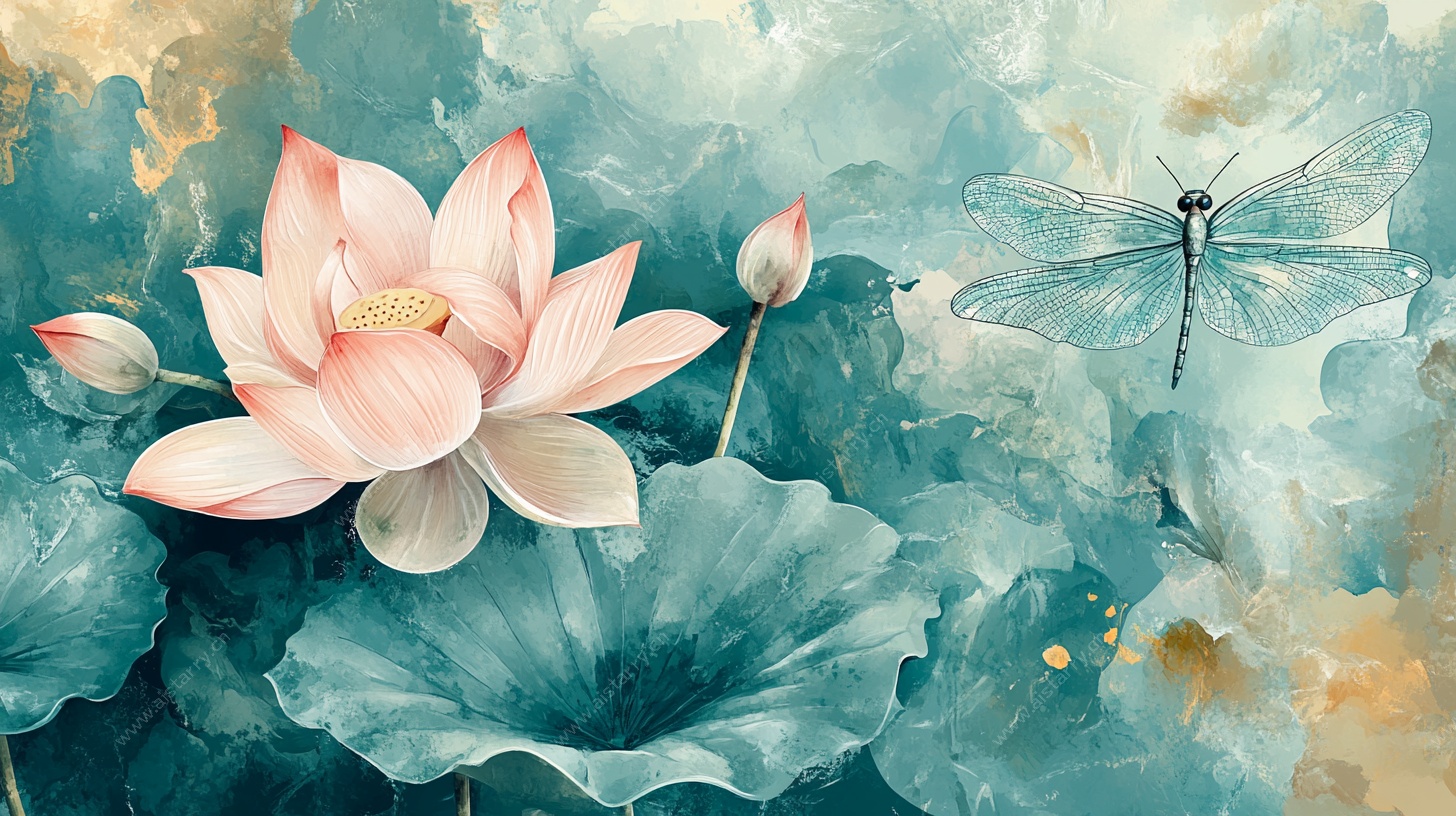 水墨荷花蜻蜓唯美插画