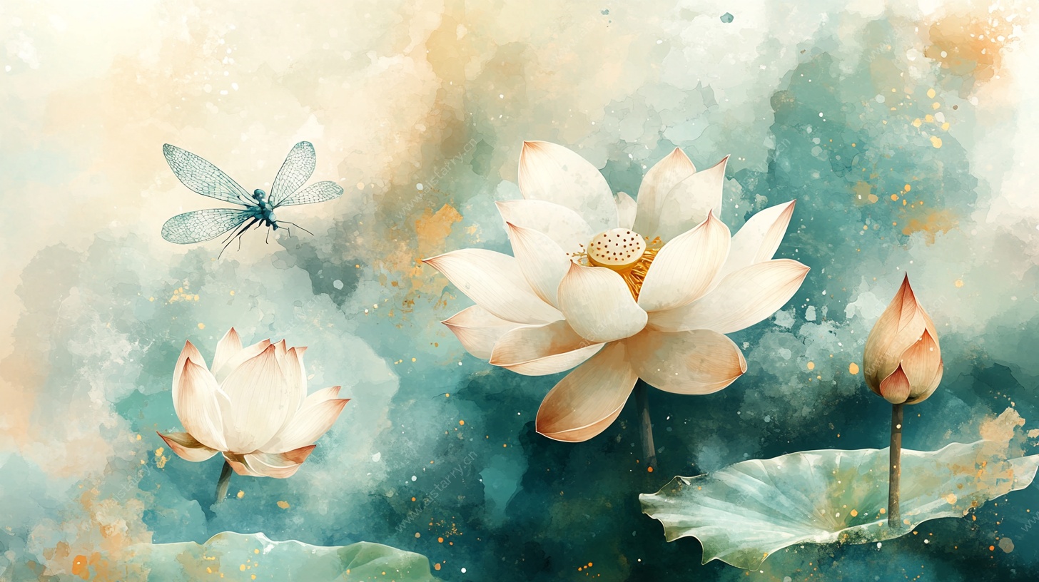 水墨风荷花蜻蜓水彩画