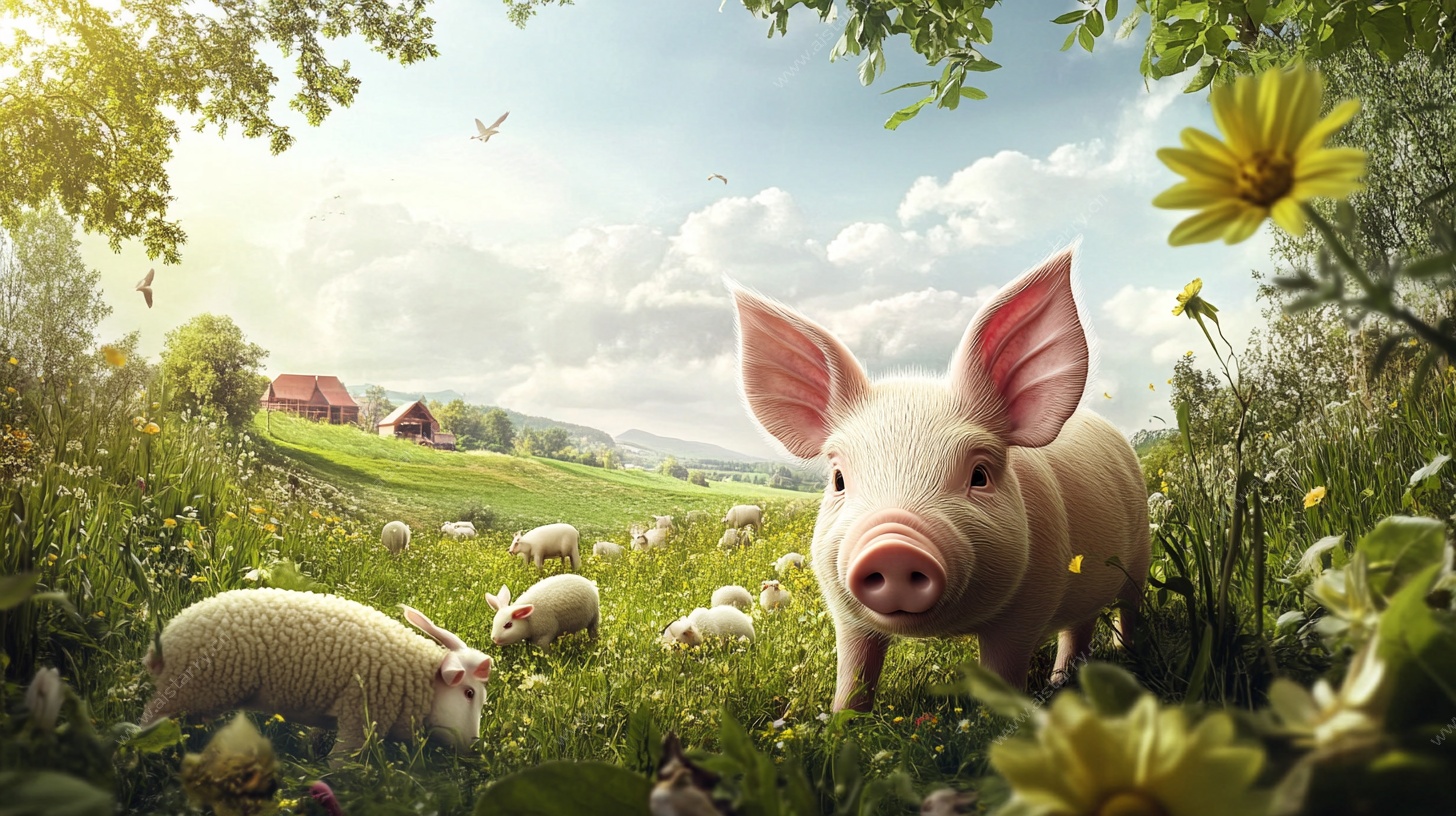 田园小猪与羊群的美好画面