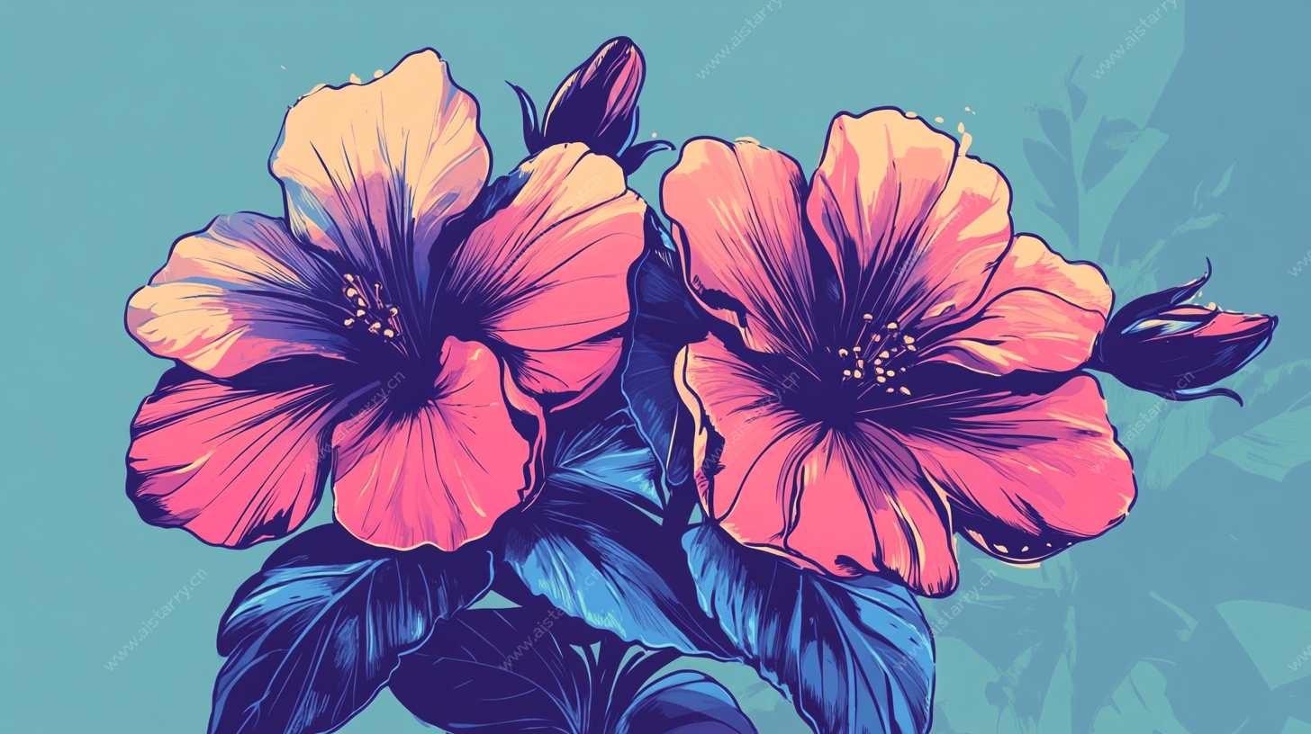 两朵绚丽手绘花卉图