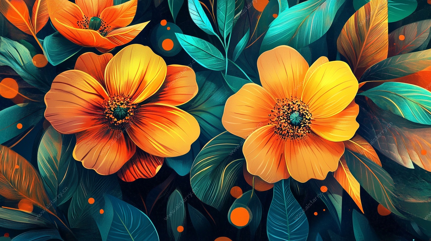 橙花绿叶梦幻插画