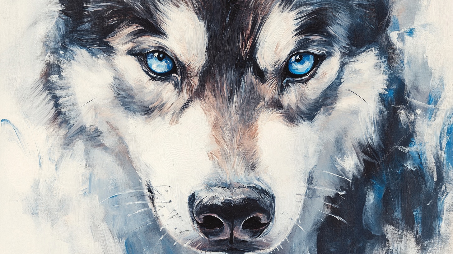 蓝眼哈士奇水彩风肖像