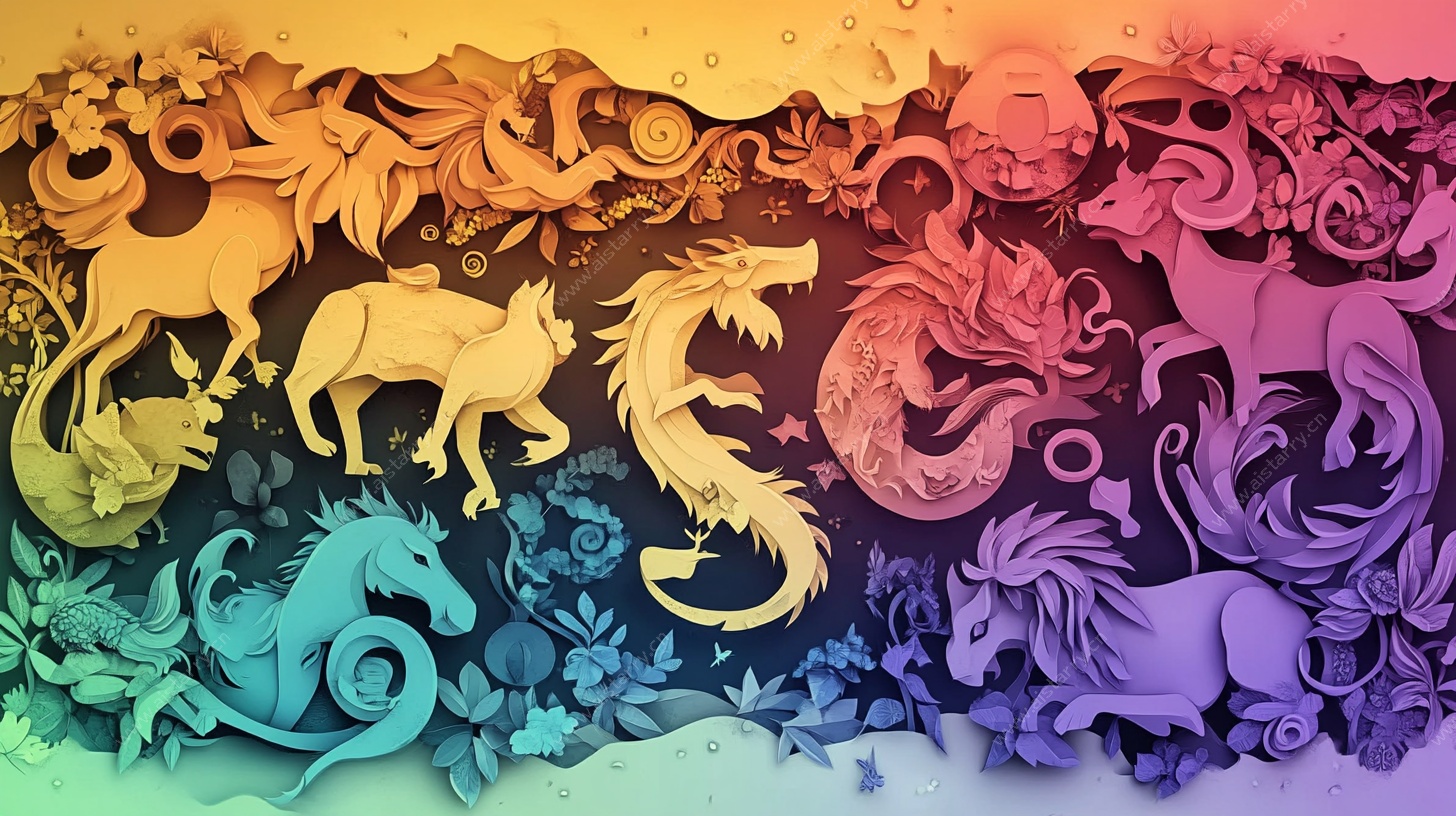 奇幻多彩神话动物浮雕画