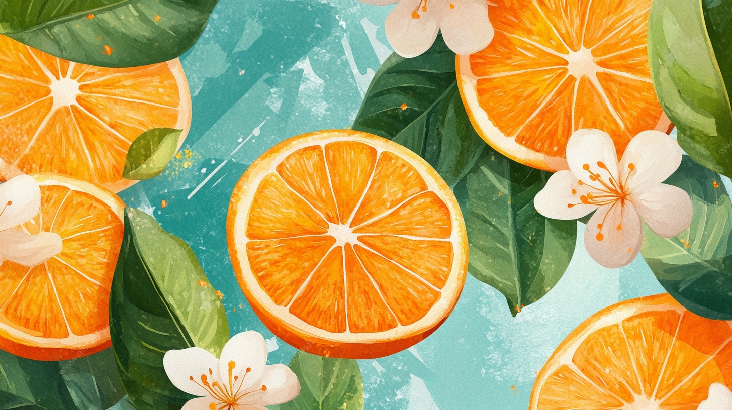 橙子插画 清新水果与花卉