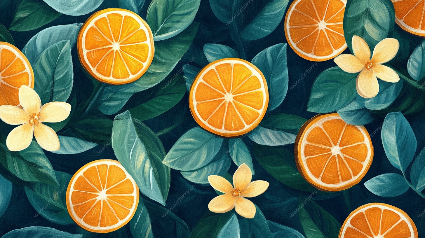 橙花绿叶无缝图案背景