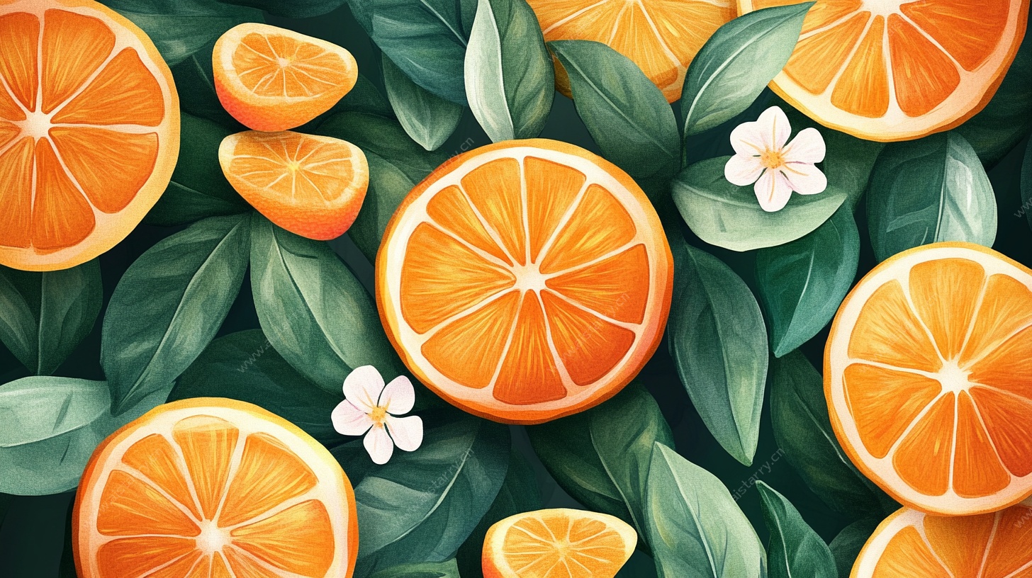 橙子插画 绿叶白花伴鲜果