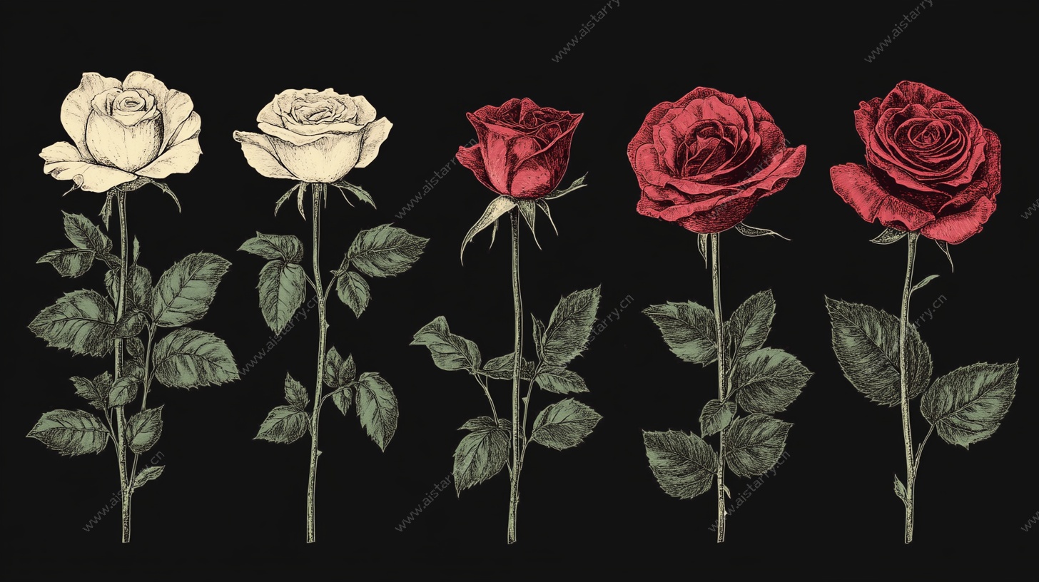 复古风格红白玫瑰花插画