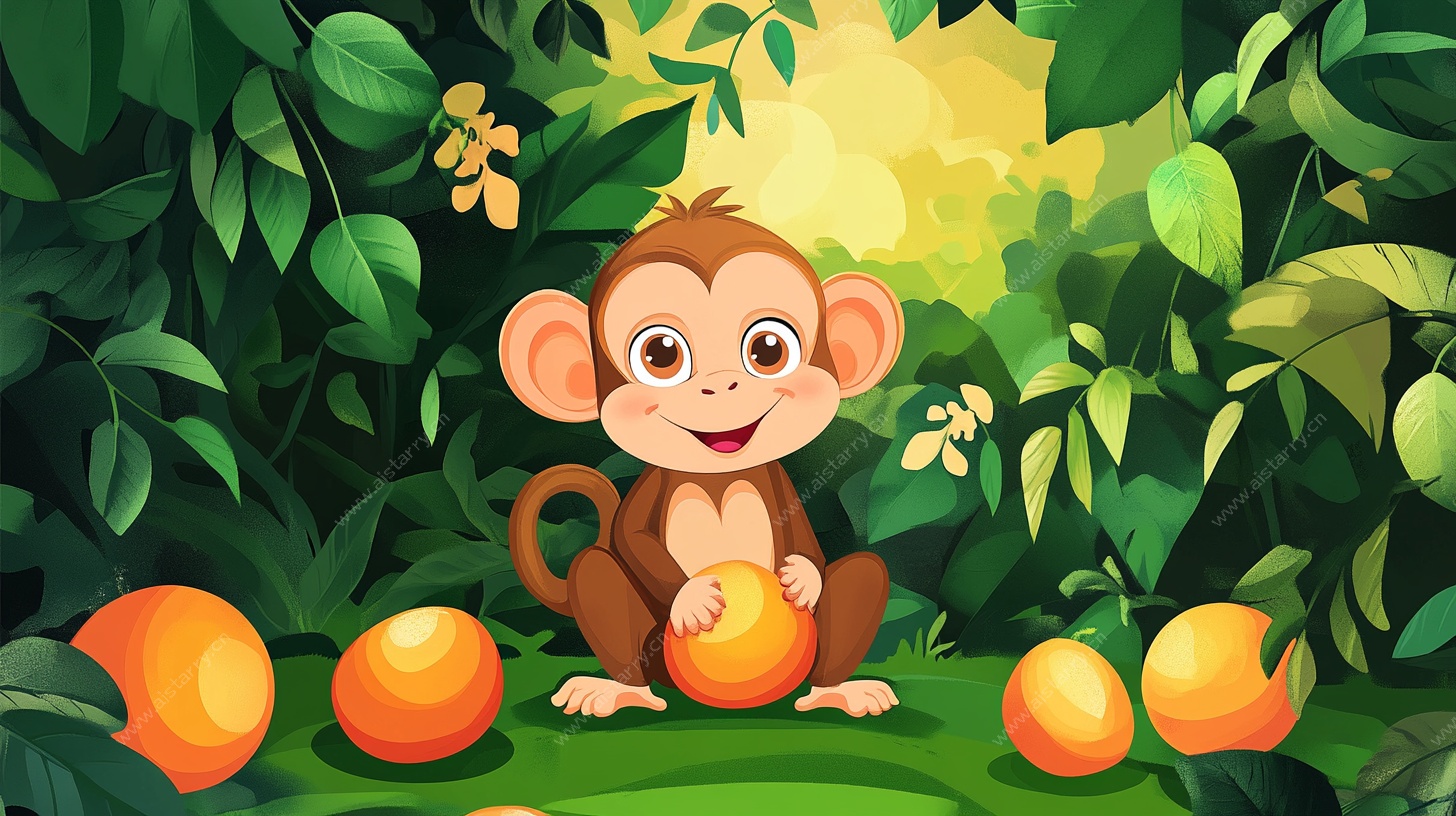 森林小猴与水果插画
