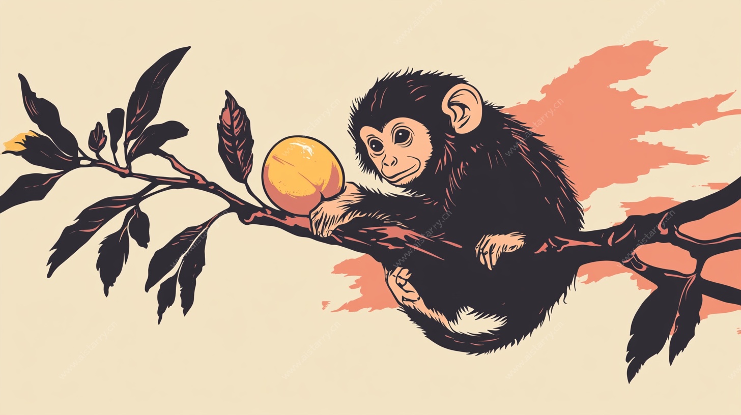 猴子栖枝抱桃插画