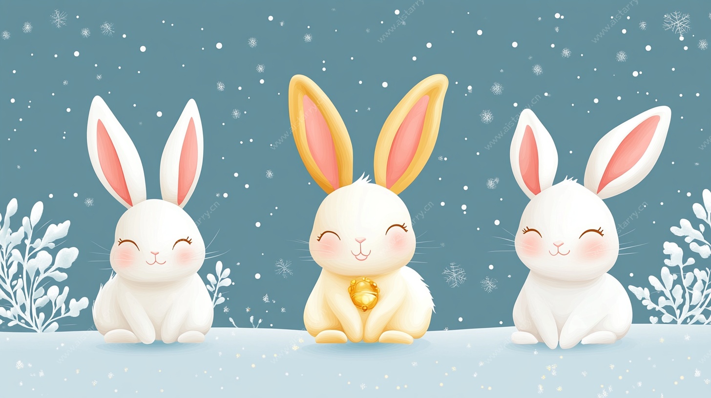 三只萌兔冬日雪景图